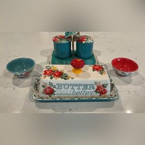 Pioneer Woman Butter Dish & New Salt & Pepper Shakers & 2-Mini Bowls